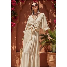 Fashion Cocktail Midye Istiridye Deniz Kabuğu V-Yaka Bağlamalı Crop Dizaltı Lastikli Etek Bluz Sahil 2li Bohem Takım