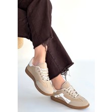 Alfaze Bej Cilt Ortopedik Bağcıklı Spor Ayakkabı Topuk Boyu 3 cm