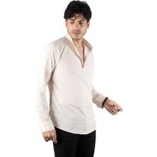 Rizzup Erkek Bej Yarım Düğmeli Hakim Yaka Flamlı Keten Gömlek 2201914