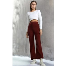 Fashion Cocktail Kendinden Fitilli Esnek Likralı Lastikli Ispanyol Paça Yün Tayt Bordo
