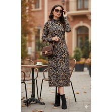 Veralya Kadın Uzun Kollu Balıkçı Yaka Leopar Desenli Midi Boy Elbise