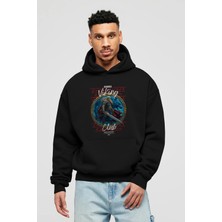 Ankhises Tyr Ön Baskılı Siyah Oversize Kapüşonlu Sweatshirt Erkek Kadın