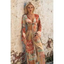 Fashion Cocktail Etnik Paisley Şal Desenli Bağlama Krop Palazzo Pantolon Yazlık Astarsız Transparan Plaj Sahil Takım