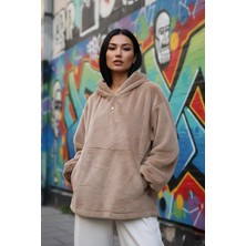 Fashion Cocktail Pofuduk Yumuşacık Gizli Cepli Kapşonlu Salaş Geniş Kadın Sweat Sütlü Kahve