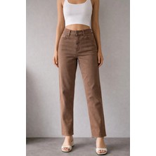 İnce Moda Giyim Kadın Yüksek Bel Straight Fit Jean Pantolon – Kahverengi / Mavi / Ekru