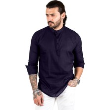 Rizzup Erkek Lacivert Yarım Düğmeli Hakim Yaka Flamlı Keten Gömlek 2201914