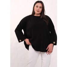 Zy Plus Siyah Büyük Beden Yuvarlak Yaka Kol Manşet Düğme Detaylı Salaş Triko Kazak