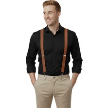 Rizzup Unisex Taba Derili Esneyebilen Lastik Ayarlanabilir Metal Klipsli Pantolon Askısı 2602025