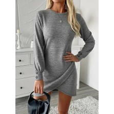 Veralya Kadın Uzun Kollu Bisiklet Yaka Önden Asimetrik Kesim Detaylı Mini Yumoş Elbise