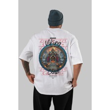 Ankhises Valhalla Arka Baskılı Beyaz Oversize T-Shirt Erkek Kadın Pamuk Bisiklet Yaka Tişort