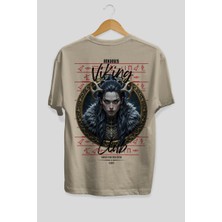 Ankhises Viking Mitolojisi  18 Arka Baskılı Bej Oversize T-Shirt Erkek Kadın Pamuk Bisiklet Yaka Tişort