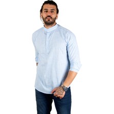 Rizzup Erkek Mavi Yarım Düğmeli Hakim Yaka Flamlı Keten Gömlek 2201914