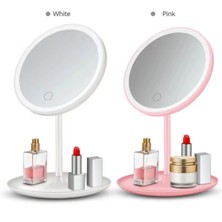 Arbix LED Işıklı Dokunmatik Makyaj Aynası Pembe Beyaz 3 Kademeli Işık Ayarlı 360° Döner Başlıklı Masaüstü Ayna