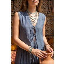 Fashion Cocktail 3 Bağlamalı Fiyonklu Çizgi Dokulu Relax Viskon Nefes Alan Ince Yazlık Tatil Yelek Pantolon Takım