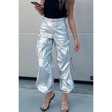 Fashion Cocktail Lame Paraşüt Kumaş Boru Paça Ayarlı Büzgülü Cepli Hiphop Kargo Pantolon Gümüş