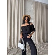 Veralya Keten Madonna Yaka Kol Hasır Şerit  Pantolon Takım