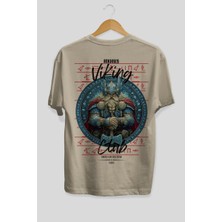 Ankhises Thor Arka Baskılı Bej Oversize T-Shirt Erkek Kadın Pamuk Bisiklet Yaka Tişort