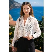 Fashion Cocktail Ingiliz Dantel Brode Işleme Ajur Geometrik Işığı Yansıtan Dokularla Tasarlanmış Romantik Crop Gömlek