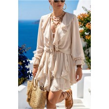 Fashion Cocktail Uçuşan Akışlı Soft Romantik Luxury Volanlı Ege Mood Lastikli Etek Geniş Yaka Bluz Şifon Yazlık Takım