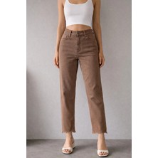 İnce Moda Giyim Yüksek Bel Straight Fit Püskül Paça Jean Pantolon – Kahverengi