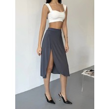 Pazarcan Cepli Şortlu Yırtmaçlı Etek - Gri