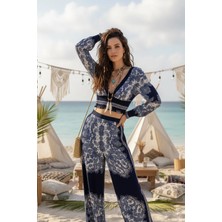 Fashion Cocktail V Yaka Hint Şal Desenli Bohem Yazlık Sahil Kadın Viskon Kollu Krop Pantolon Takım