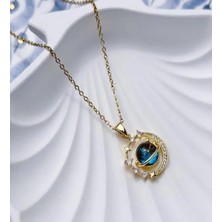 Bontexs Zirkon Taşlı Gezegen ve Yıldız Figürlü Zincir Kolye Altın Kaplama Işıltılı Satürn ve Hilal Kolye - Galaksi Temalı Kolye