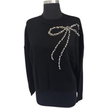 Zy Plus Siyah Fiyonk Desenli Taş Detaylı Kazak