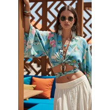 Fashion Cocktail Yeşil Japon Turna Kuşu Desenli Bağlamalı Ipeksi Bohem Kimono Geniş Kol Bluz Crop Yeşil