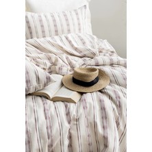 Şaheser Home Collection Evan Iplik Boyalı Nevresim Takımı, Mürdüm Çizgili Desen, Düğme Detaylı %100 Pamuklu, Nevresim Seti