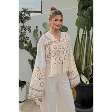 Fashion Cocktail Romantik Kore Tarzı Inci Brode Işçilikli Dantel Zarif Yelek Pantolon Ham Keten Bohem Takım