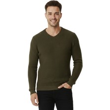 Rizzup Haki Likralı V Yaka Dar Kesim Erkek Kazak Slim Fit Esnek Pamuk Karışımlı 2300341