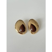 14K Çelik Üzeri Altın Kaplama Yumşak Kenar Kahverengi Küpe