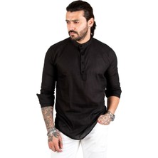 Rizzup Erkek Siyah Yarım Düğmeli Hakim Yaka Flamlı Keten Gömlek 2201914