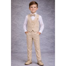 Tarz Çocuk Premium Krem Erkek Çocuk Yelekli Takım Elbise – Papyonlu Özel Gün & Düğün Kombini