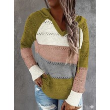 Veralya Kadın Uzun Kollu V Yakalı Bağcıklı Kapşonlu Triko Bluz