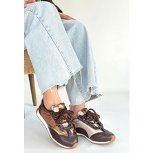 Alfaze Kahverengi Cilt Paraşüt Detaylı Ortopedik Bağcıklı Spor Ayakkabı Topuk Boyu 3 cm