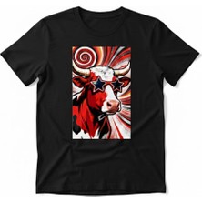 Texrium Yıldız Gözlüklü Retro Boğa Baskılı %100 Pamuk Tasarım Unisex T-Shirt