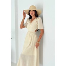 Fashion Cocktail Bel Pencereli V Yakalı Yırtmaçsız Nefes Alan Müslin Krinkıl Kumaş Tatil Natürel Bohem Yazlık Elbise