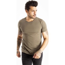 Rizzup Erkek/unisex Haki Slim Fit Dar Kesim Bisiklet Yaka Pamuklu Likralı Basic Tişört 1801131