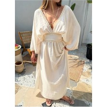 Fashion Cocktail Bel Vurgulu Yan Yırtmaçlı Kelebek Kesim Boho Doğal Ton Dantelli Fiyonklu Bağlamalı Bohem Uzun Elbise