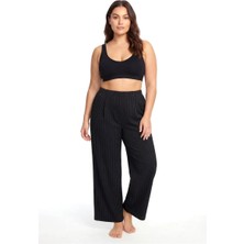 Veralya Moda Kadın Siyah Ince Çizgili Büyük Beden Cepli Pijama Altı