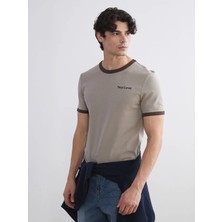 LC Waikiki Bej Bisiklet Yaka Baskılı Penye Erkek Tişört