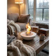 Fatih Metal Dekorasyon Dekoratif Masaüstü Şömine - Beyaz Camlı Bioetanol Şömine - Modern Ev ve Balkon Dekorasyonu