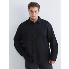 LC Waikiki Siyah Büyük Beden Regular Fit Uzun Kollu Keten Görünümlü Erkek Gömlek