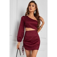 Fashion Cocktail Bel Dekolteli Tek Kol Gece Elbisesi Şarap Kırmızı