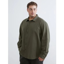 LC Waikiki Haki Büyük Beden Regular Fit Uzun Kollu Keten Görünümlü Erkek Gömlek