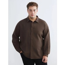 LC Waikiki Kahverengi Büyük Beden Regular Fit Uzun Kollu Keten Görünümlü Erkek Gömlek