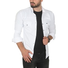 RizzUP Erkek Beyaz Büyük Beden Seçenekli Likralı Gabardin Spor Gömlek – Dar Kalıp Çıt Çıt Kapamalı 2500423