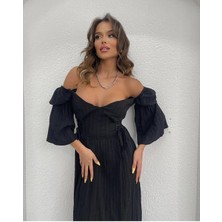 Fashion Cocktail Çift Bel Korseli Düşük Omuz Yarım Kollu Bohem Maxi Bilekte Uzun Tatil Elbisesi